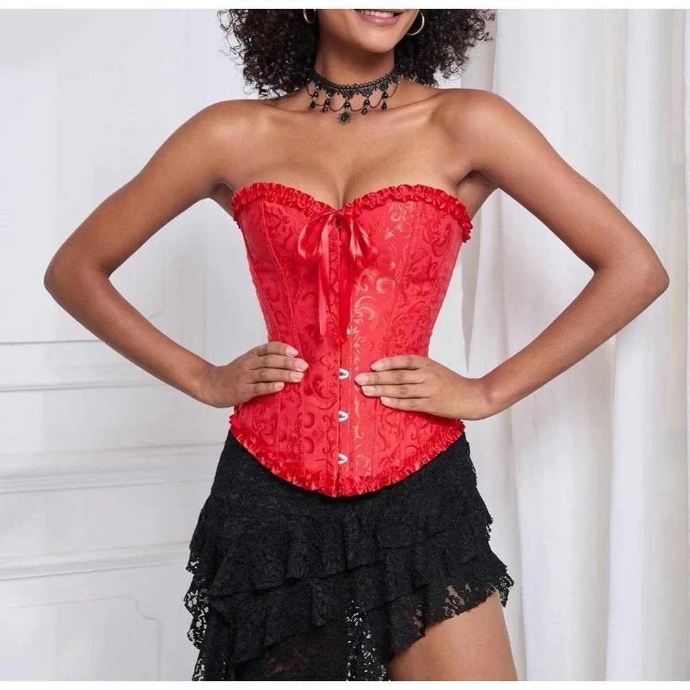 Valentines Day Floral Jacquard Lace Up Corset Boned Overbust Womens Red Size XXS
